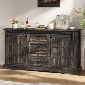 imageYITAHOME Farmhouse Buffet Cabinet with Storage 59quot Sideboard wSliding Barn Doors and 4 Drawers Kitchen Cabinets for Living Room Dark Rustic OakDark Rustic Oak
