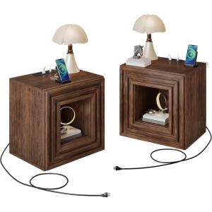 imageYITAHOME Farmhouse End Table Set 2 2Tier Square Night Stand with Drawer ampamp Charging Station Couch Sofa Side Table with Anti Tipping Kits for Living Room Lounge Hallway Rustic Walnut2 PCS