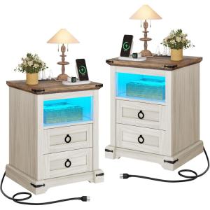 imageYITAHOME Farmhouse Nightstand with Charging Station 2 Drawers Night Stand for Bedroom LED End Table Side Table wOpen Shelf Off WhiteWalnut Grain2 Drawer Side Table