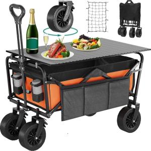 imageYITAHOME Folding Wagon wTable Plate Large Capacity Collapsible Wagon Cart Adjustable Handle Height Foldable Utility Garden Cart Outdoor Beach Wagon for Camping Shopping Sports Garden  BlackOrange