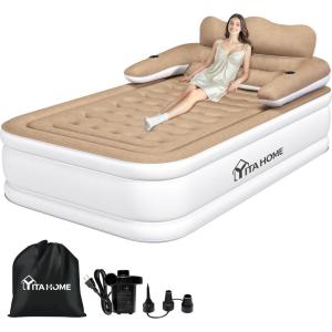 imageYITAHOME FullXL Size Air Mattress with Headboard and Pump 18in Blow Up Mattress with Carry Bag Repair Kit and Nozzles for Home Camping and Travel BlackBrown