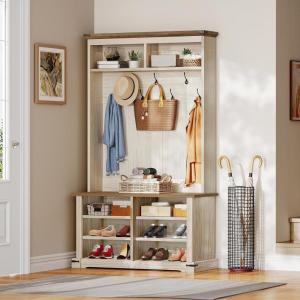 imageYITAHOME Hall Tree with Bench and Shoe Storage Farmhouse Entryway Bench with Coat Rack Entrance Organizer with 7 Hooks and 6 Shoe Storage ampamp Adjustable ShelfOff Whitewalnut Grain