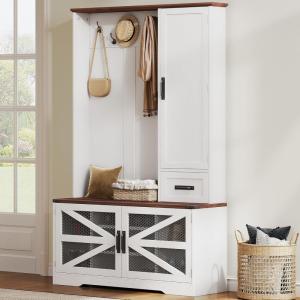 imageYITAHOME Hall Tree with Bench and Shoe Storage Mudroom Storage Coat Rack Hallway Tree with 7 Hooks Farmhouse Wood Shoe Bench for Entryway ampamp Mudroom Walnut ampamp OffWhite43Wx16D x71H