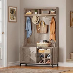 imageYITAHOME Hall Tree with Shoe Storage Bench for Entryway 4in1 Coat Rack with Bench Entrance Organizer Hall Tree with Adjustable Shoe Storage and Hanging Hooks WhiteGrey