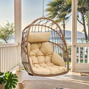imageYITAHOME Hanging Egg Chair Outdoor Patio Wicker Hammock Egg Chair Indoor with Cushion Rattan Swing Chair 300lbs for Balcony Garden Bedroom Gray with StandBeigewo stand