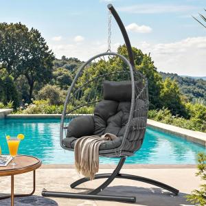 imageYITAHOME Hanging Egg Chair Outdoor Patio Wicker Hammock Egg Chair Indoor with Cushion Rattan Swing Chair 300lbs for Balcony Garden Bedroom Gray with StandGraywstand