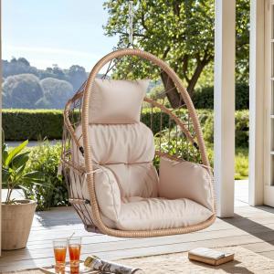 imageYITAHOME Hanging Egg Chair Outdoor Patio Wicker Hammock Egg Chair Indoor with Cushion Rattan Swing Chair 300lbs for Balcony Garden Bedroom Gray with StandLight Beigewo stand