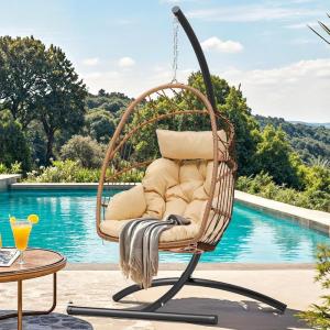 imageYITAHOME Hanging Egg Chair Outdoor Patio Wicker Hammock Egg Chair Indoor with Cushion Rattan Swing Chair 300lbs for Balcony Garden Bedroom Gray with StandBeigew stand