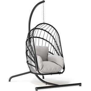 imageYITAHOME Hanging Egg Chair with Stand Rattan Wicker Swing Egg Chair with Resistant Cushion 350lbs Capacity Foldable Hanging Rattan Basket Chair for Porch Garden Bedroom Balcony GreyGrey