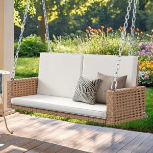 imageYITAHOME Hanging Porch Swing Chair Sits 2 People Patio Swing Lounge Chair 1 Seating ampamp 2 Back Cushions with Removable Covers Weight Capacity 530lbs for Garden Balcony Living Room Backyard BeigeBrown  White