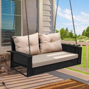 imageYITAHOME Hanging Porch Swing Chair Sits 2 People Patio Swing Lounge Chair 1 Seating ampamp 2 Back Cushions with Removable Covers Weight Capacity 530lbs for Garden Balcony Living Room Backyard BeigeBlack Rattan Beige Cushion