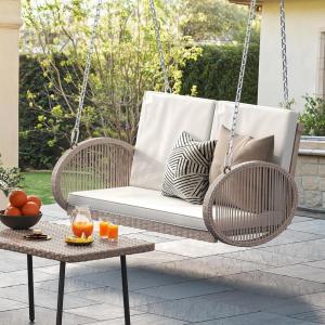 imageYITAHOME Hanging Porch Swing Chair Sits 2 People Patio Swing Lounge Chair 1 Seating ampamp 2 Back Cushions with Removable Covers Weight Capacity 530lbs for Garden Balcony Living Room Backyard BeigeBeige