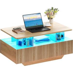 imageYITAHOME LED Coffee Table with Storage 4Drawer Fluted Coffee Tables for Living Room Mid Century Modern Center Table Home Small Space Natural Oak
