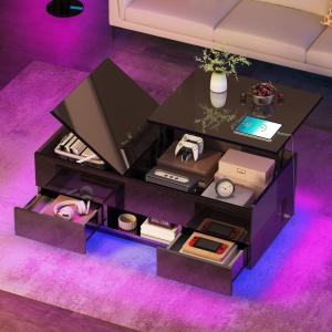 imageYITAHOME LED Lift Top Coffee Tables for Living Room with Power Outlets Charging Station Modern Coffee Table with Storage 2 Drawers ampamp Open Shelfs Rectangular Small Center Cocktail Table Glossy BlackGlossy Black