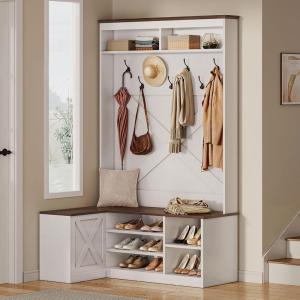 imageYITAHOME LShaped Hall Tree with Bench ampamp Storage Corner Entryway Organizer with 5 Shoe Shelves Hidden Seat Compartment Hooks ampamp Open Top Storage for Living Room ampamp Hallway Walnut ampamp OffWhiteHalf Corner