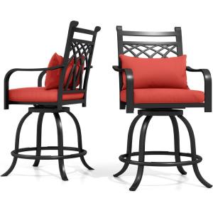 imageYITAHOME Metal Outdoor Bar Stools Set of 2 Heavy Duty Tall Patio Chairs wMax Bearing 352 Lbs ECoated Bar Height Patio Chairs wCushion ampamp Pillow for All Weather Patio Deck Poolside Rhombus BackBlack