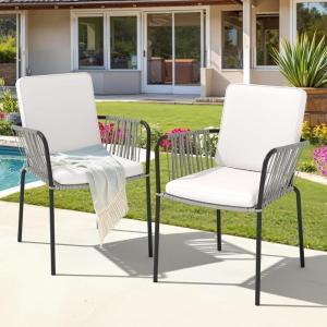 imageYITAHOME Outdoor Dining Chairs Set of 2 AllWeather Outdoor Chair Stacking Chairs Set of 2 Wicker Patio Armchairs Bistro Chairs Set Rattan Chairs Set for Backyard Balcony Grey Rattan ampamp Beige Cushion2PCS Chairs