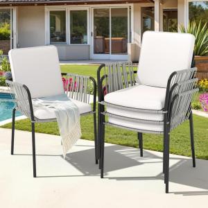 imageYITAHOME Outdoor Dining Chairs Set of 2 AllWeather Outdoor Chair Stacking Chairs Set of 2 Wicker Patio Armchairs Bistro Chairs Set Rattan Chairs Set for Backyard Balcony Grey Rattan ampamp Beige Cushion4PCS Chairs