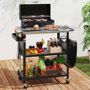 imageYITAHOME Outdoor Grill Table with Hooks and Side Handle Movable Outdoor Prep Table for Pizza Oven and BBQ Grill Cart Fit for Patio Garden Lawn Porch Kitchen Sliver and Black354D x 315W x 343H