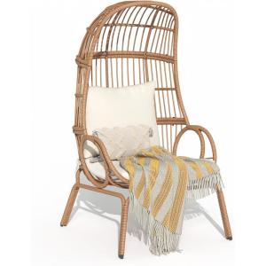imageYITAHOME Outdoor Narrow Egg Chair Wicker Patio Rattan Basket Chair with 370lbs Capacity Indoor Egg Chairs with Stand ampamp Cushion Cocoon Chair for Bedroom Patio Balcony  BeigeBeige