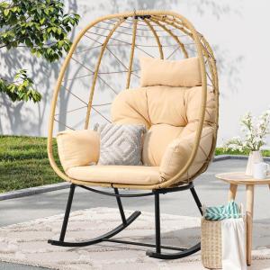 imageYITAHOME Outdoor Rocking Egg Chair with Cushioned Comfort Wicker Patio Rocker 250lb Capacity AntiSlip AllWeather Resilient Rattan Design for Indoor ampamp Outdoor Relaxation Spaces Light GreyBeige