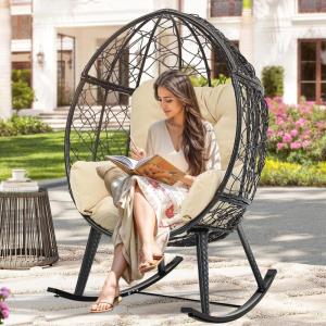 imageYITAHOME Outdoor Rocking Egg Chair with Cushioned Comfort Wicker Patio Rocker 250lb Capacity AntiSlip AllWeather Resilient Rattan Design for Indoor ampamp Outdoor Relaxation Spaces Light GreyBlackbeige