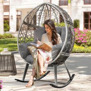 imageYITAHOME Outdoor Rocking Egg Chair with Cushioned Comfort Wicker Patio Rocker 250lb Capacity AntiSlip AllWeather Resilient Rattan Design for Indoor ampamp Outdoor Relaxation Spaces Light GreyGrey
