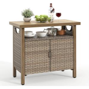 imageYITAHOME Outdoor Storage Cabinet Patio Bar Table with Two Doors and Shelves Weatherproof Wicker Storage Console Table for Outdoor Cushions Pool Tool and Garden Potting  BrownBrown