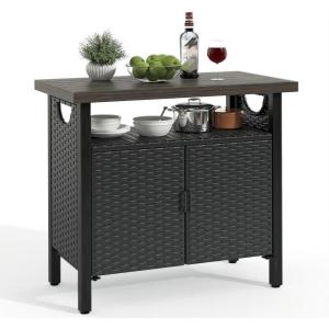 imageYITAHOME Outdoor Storage Cabinet Patio Bar Table with Two Doors and Shelves Weatherproof Wicker Storage Console Table for Outdoor Cushions Pool Tool and Garden Potting  Black