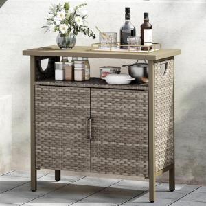 imageYITAHOME Outdoor Storage Cabinet Patio Deck Bench Storage Table Wicker Storage Console Bench for Outdoor Cushions Pool Tool and Garden Potting BrownLight Brown
