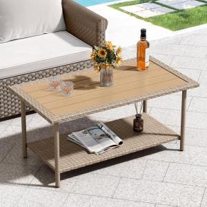 imageYITAHOME Outdoor Wicker Coffee Table with 2Layer 394quot Rectangle Outside Side Table with Faux Wood Top AllWeather Rattan Patio Bistro Table for Garden Backyard Porch  BrownBrown