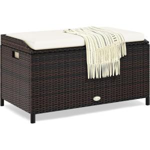 imageYITAHOME Outdoor Wicker Storage Bench Deck Box Large PE Rattan Patio Storage Bench wCovenient Handles and Soft Cushion for Patio Yard Lawn Garden