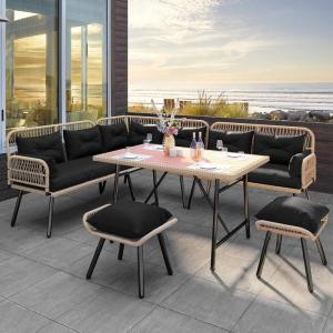 imageYITAHOME Patio Wicker LShaped Furniture Set AllWeather Rattan Outdoor Conversation Sofa Set for Backyard Deck with Soft CushionsOttomans and Plastic Wood Dining Table Light BrownBlackLight Brownblack