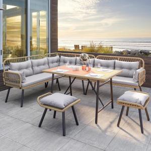 imageYITAHOME Patio Wicker LShaped Furniture Set AllWeather Rattan Outdoor Conversation Sofa Set for Backyard Deck with Soft CushionsOttomans and Plastic Wood Dining Table Light BrownBlackLight Browngray