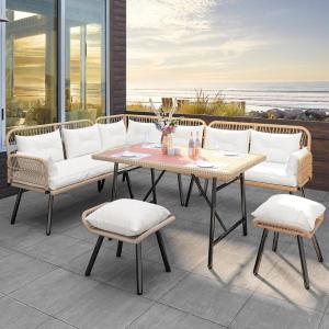 imageYITAHOME Patio Wicker LShaped Furniture Set AllWeather Rattan Outdoor Conversation Sofa Set for Backyard Deck with Soft CushionsOttomans and Plastic Wood Dining Table Light BrownBlackLight Brownbeige