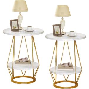imageYITAHOME Round End Table 2Tier Marble Sofa Side Table with Storage Shelf Modern Small Bedside Table with Faux Marble Top for Living Room Bedroom White and GoldPack of 2
