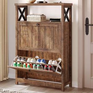 imageYITAHOME Shoe Cabinet with 2 Flip Drawers Entryway Shoe Storage Cabinet with Open Shelves Free Standing Hidden Shoe Rack Storage Organizer for EntrywayHallwayCloset BrownBrown