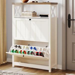 imageYITAHOME Shoe Cabinet with 2 Flip Drawers Entryway Shoe Storage Cabinet with Open Shelves Free Standing Hidden Shoe Rack Storage Organizer for EntrywayHallwayCloset BrownBeige