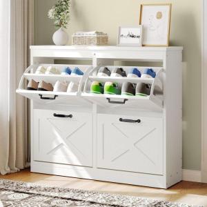 imageYITAHOME Shoe Cabinet with 4 Flip Drawers Freestanding Shoe Rack Shoe Organizer Narrow Shoe Cabinet for EntryWay Hallway Living Room WhiteWhite