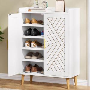 imageYITAHOME Shoe Cabinet with Doors 5Tier Shoe Storage Organizer with Adjustable Shelves Modern Freestanding Wooden Shoe Rack Cabinet for Entryway Hallway Closet Living Room Brown ampamp WhiteWhite