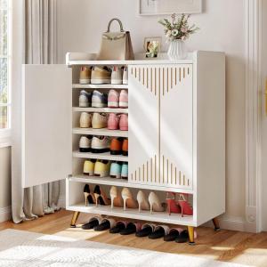 imageYITAHOME Shoe Cabinets5Tier White Shoe Storage Cabinet with Doors Modern Freestanding Wood Shoe Organizer Cabinet for Living Room Bedroom Hallway Entryway WhiteampampGold