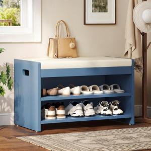 imageYITAHOME Storage Bench 2Tier Shoe Bench Entryway Shoe Storage with Cushion and Side Handles 28quot Shoe Rack Organizer for Hallway Living Room Bedroom Off WhiteBlue