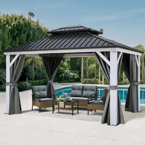 imageYITAHOME White Gazebo 10x12ft Hardtop Double Roof Canopy Galvanized Iron Aluminum Frame Outdoor Gazebo with Netting and Shaded Curtains Garden Tent for Patio Backyard Deck and Lawns Grey CurtainWhite