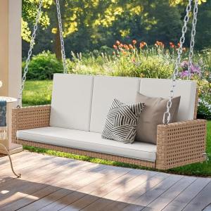 imageYITAHOME Wicker Hanging Porch Swing Chair Outdoor Brown Rattan Patio Swing Lounge w 2 Back Cushions Capacity 530lbs for Garden Balcony Living Room BeigeBrown
