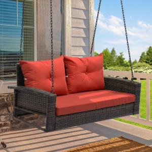 imageYITAHOME Wicker Hanging Porch Swing Chair Outdoor Brown Rattan Patio Swing Lounge w 2 Back Cushions Capacity 530lbs for Garden Balcony Living Room BeigeBrwon