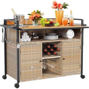 imageYITAHOME XL Outdoor Kitchen Wicker Island Rolling Cart Bar Table ampamp Storage Cabinet Wheels and Plastic Wood Extended Table Top Double Handle for Patio Kitchen or Bar CartLight Yellow GradientLight Yellow Gradient