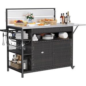 imageYITAHOME XL Outdoor Kitchen Wicker Island Rolling Cart Bar Table ampamp Storage Cabinet Wheels and Plastic Wood Extended Table Top Double Handle for Patio Kitchen or Bar CartLight Yellow GradientDark Brown
