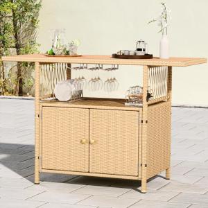imageYITAHOME XL Outdoor Kitchen Wicker Island Rolling Cart Bar Table ampamp Storage Cabinet Wheels and Plastic Wood Extended Table Top Double Handle for Patio Kitchen or Bar CartLight Yellow GradientLight Brown