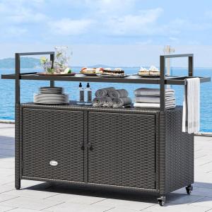 imageYITAHOME XL Outdoor Storage Cabinet Outdoor Storage Cart with Wheels and Black Glass Table Top for Patio Outdoor Cabinet for Poolside and Backyard Gray GradientDark Brown