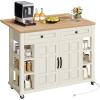 imageYITAHOME Kitchen Island with Drop Leaf 51 Inch Rolling Kitchen Cart with Trash Can Cabinet Americana Island Cart with Power Outlet Rolling Folding Extendable Dining Table with Open Shelves WhiteBeige